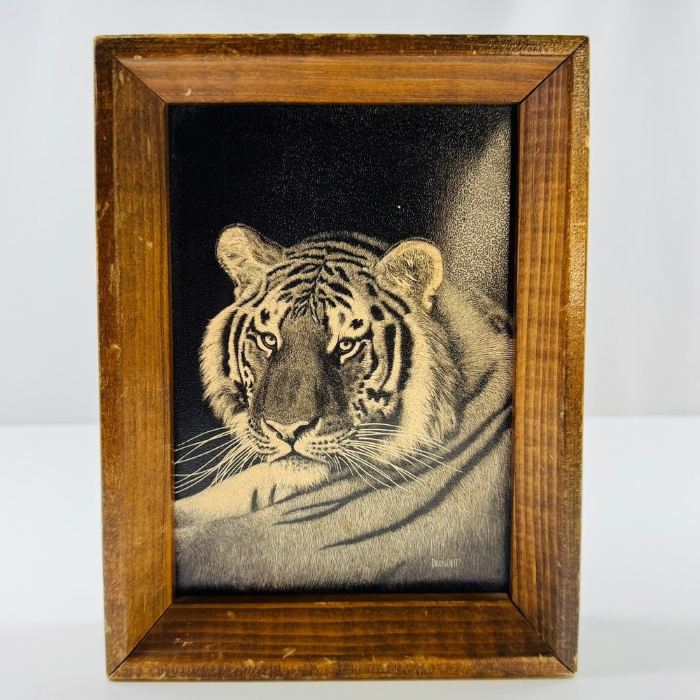 Droguett Monochrome Scratchboard Tiger Portrait Framed Art Black White 70s 8"x6"
